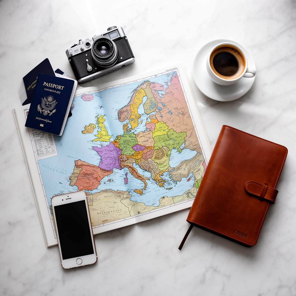 Reisbenodigdheden bovenaanzicht: kaart van Europa, paspoort, vintage camera, koffie en notitieboek