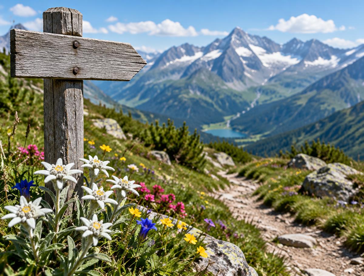 Houten wegwijzer op een alpenwandelpad met edelweiss en kleurrijke alpenbloemen, met besneeuwde toppen op de achtergrond.