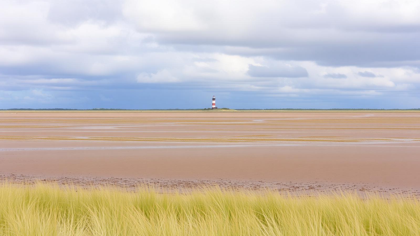 Wijde Waddenzee bij laagwater met droogvallende platen, kweldergras op de voorgrond en een vuurtoren in de verte op Ameland.