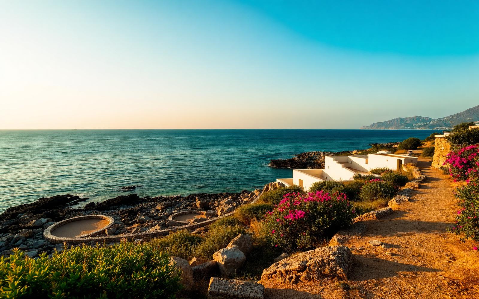 Kustpad langs de rotsige zeekant bij Analipsi op Kreta met oleanders en witte muren in avondlicht.