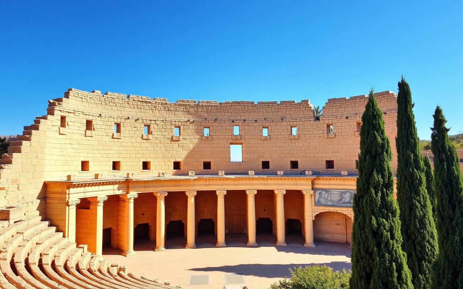 Het Romeinse theater van Aspendos met zijn hoge stenen toneelwand en halfronde tribune in warm middaglicht.