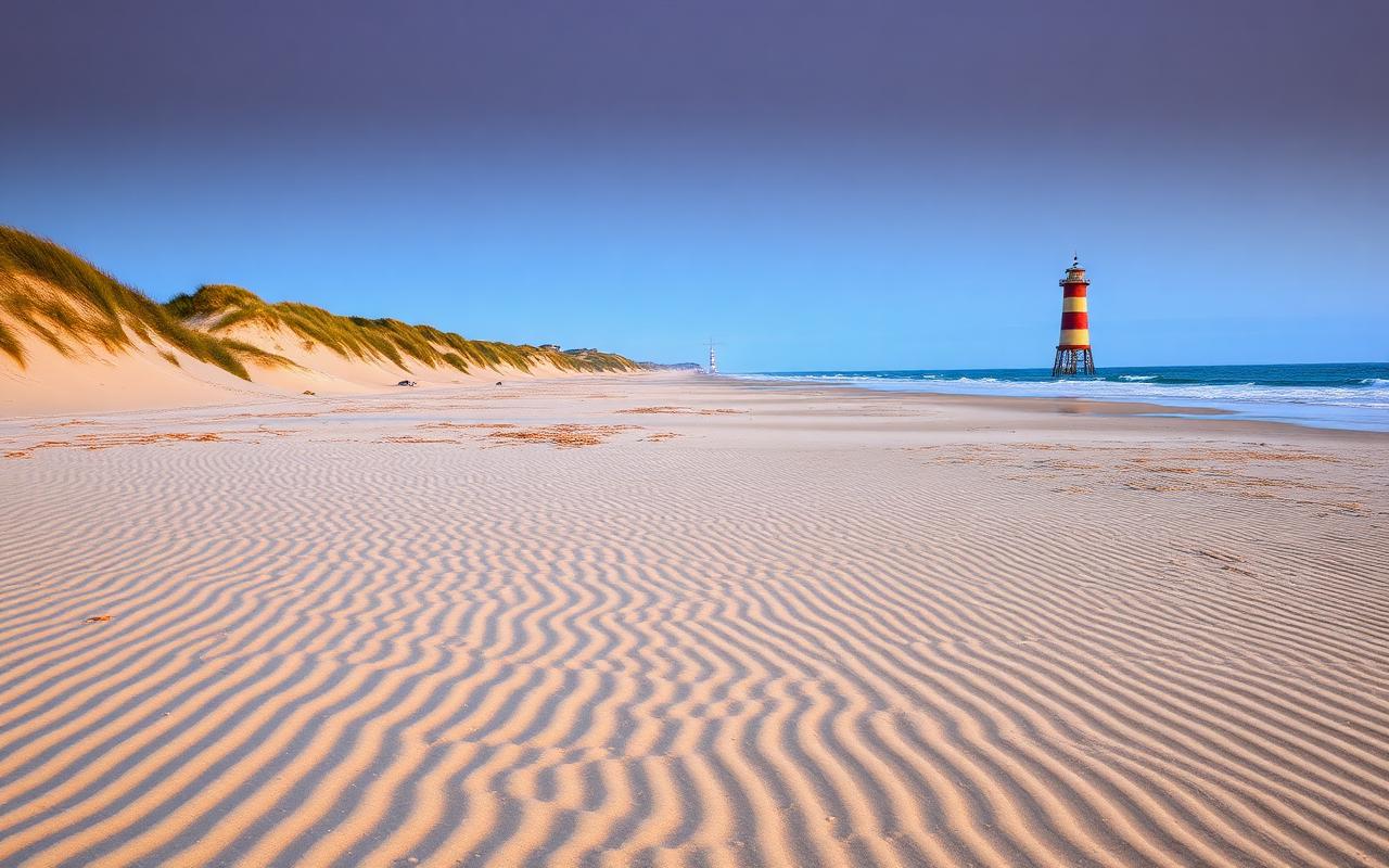 Breed Noordzeestrand met door de wind geribbeld zand en duinen met helmgras op Texel, met een vuurtoren in de verte.