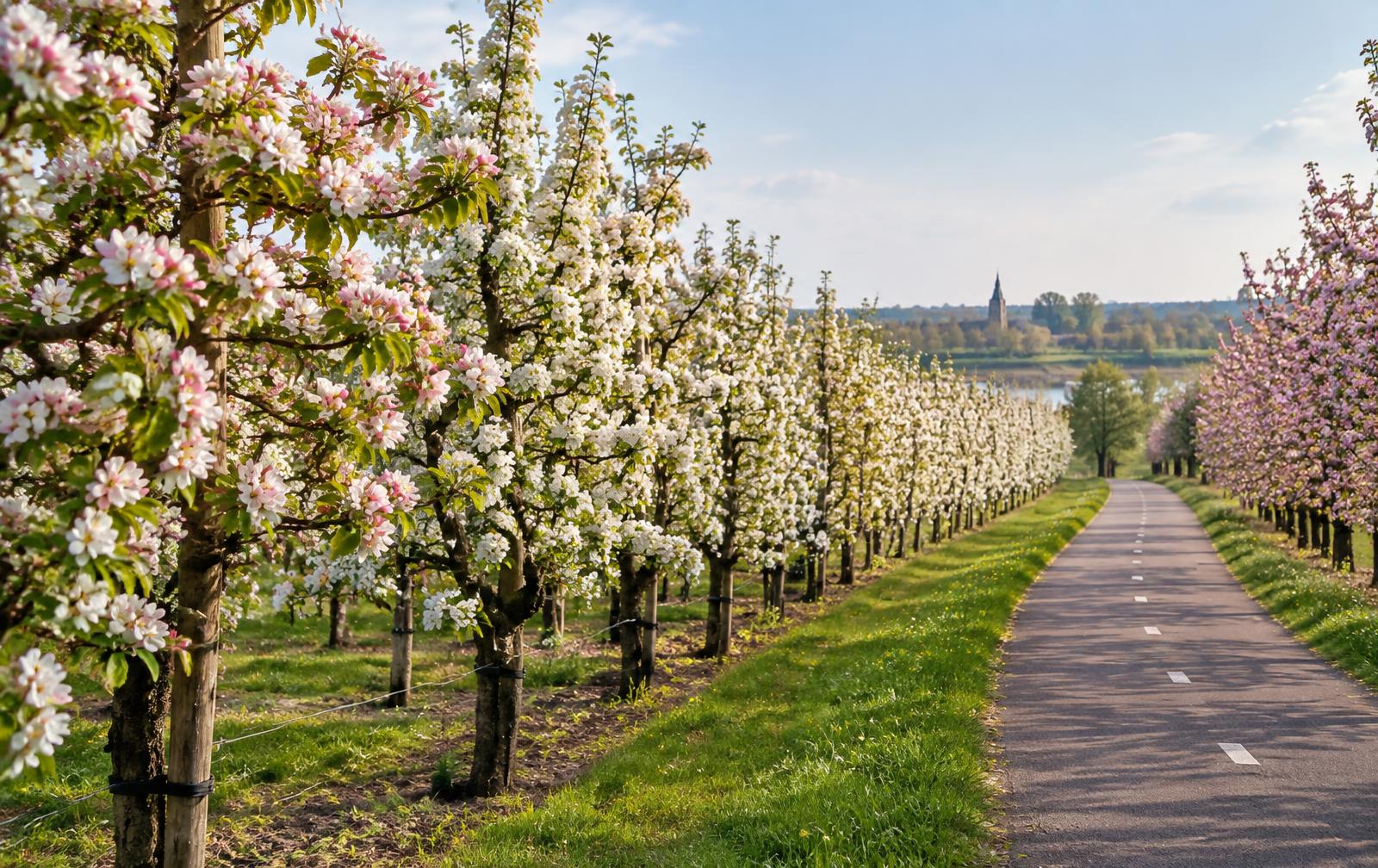 Fietspad langs rijen bloeiende appel- en perenbomen met witte en roze bloesem in de Betuwe, met in de verte een kerktoren.