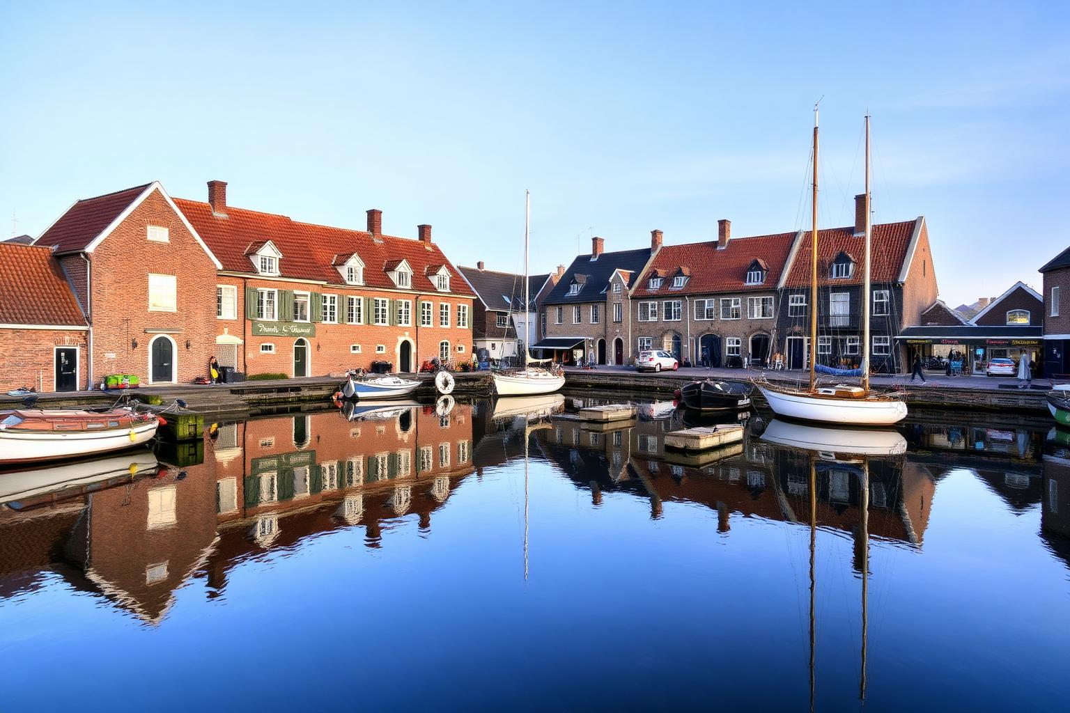 Historische haven van Blokzijl met bakstenen pakhuizen en trapgevels rond een stil havenbassin vol sloepen.