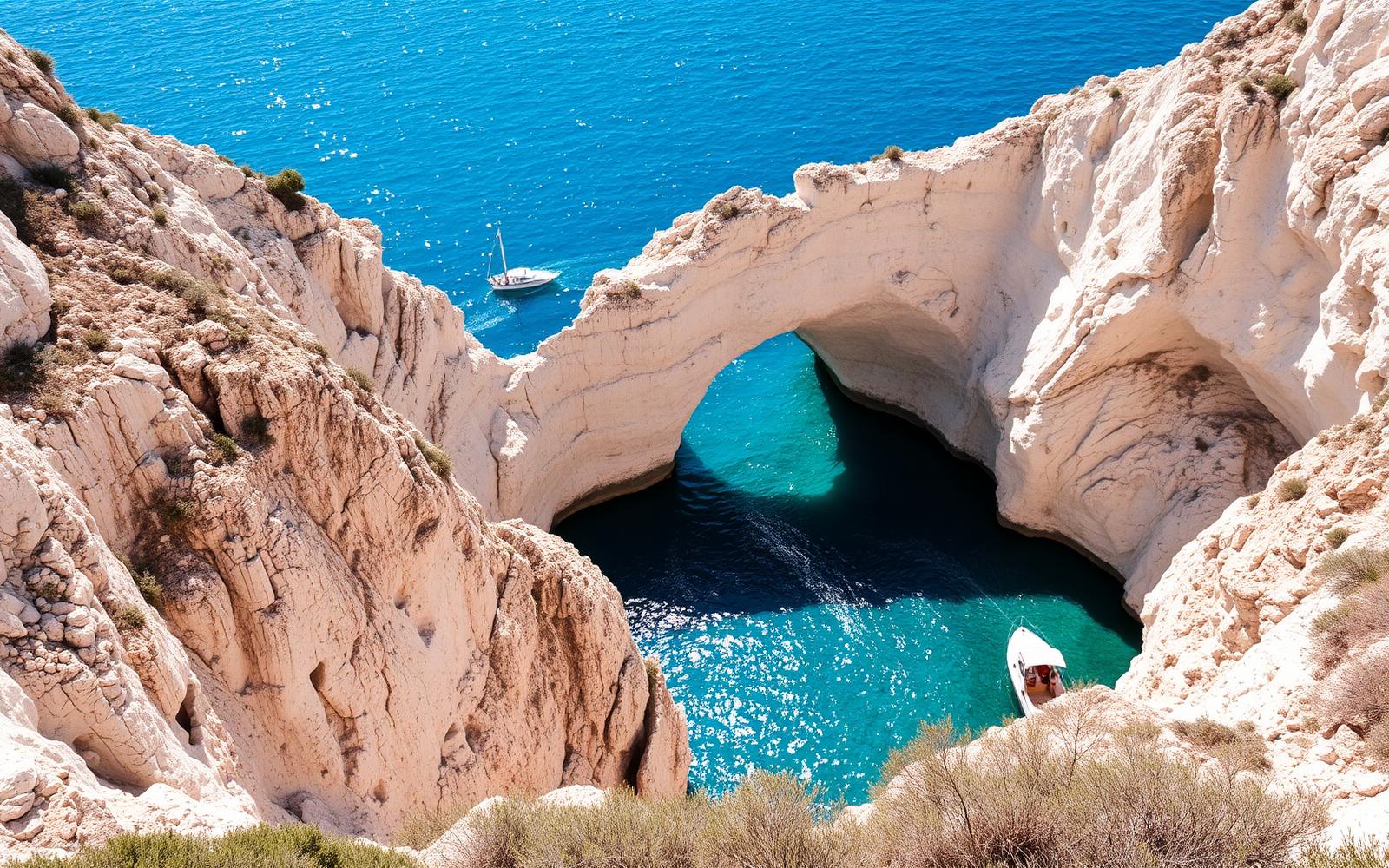 Witte kalkstenen bogen boven fel turkoois water bij de Blauwe Grotten aan de noordkust van Zakynthos.