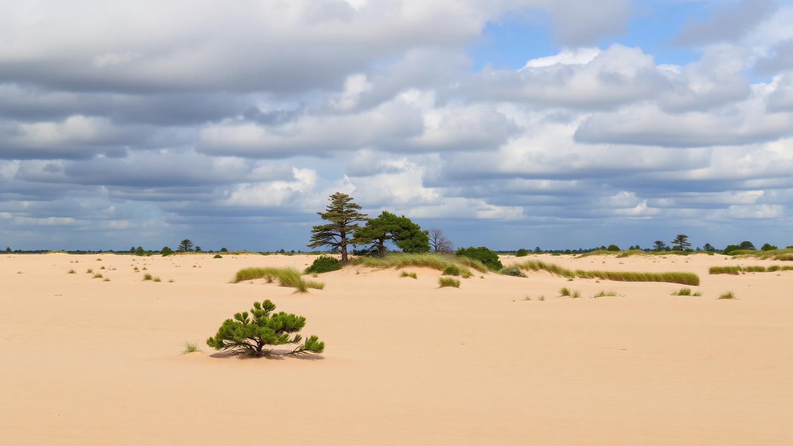 Open stuifzandvlakte met losse groepjes dennen onder een wolkenlucht in de Loonse en Drunense Duinen.