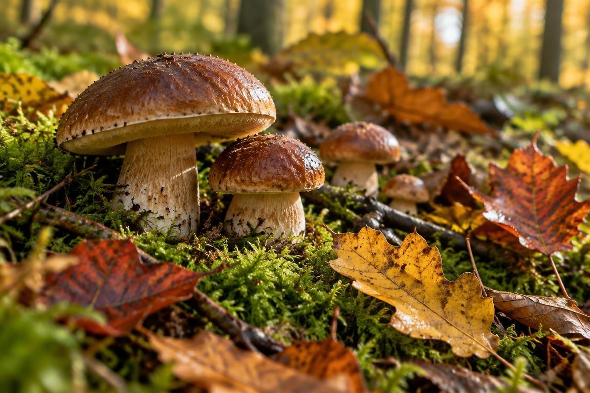 Eekhoorntjesbrood tussen mos en kleurige herfstbladeren op de bosbodem.