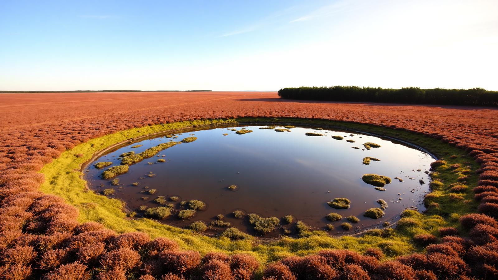 Wijde Brabantse heide met bloeiende hei rond een ondiep ven dat de lucht spiegelt, met een bosrand op de achtergrond.