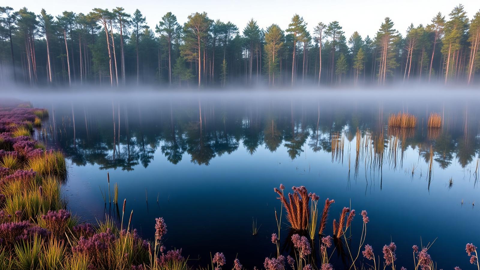 Stil ven in een naaldbos bij Hapert in de Brabantse Kempen met heide langs de oever en ochtendnevel.