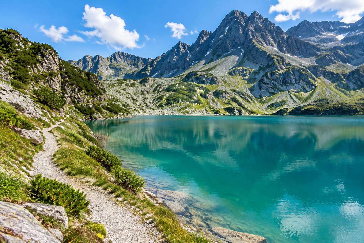 Turquoise bergmeer Lünersee met wandelpad en rotsige Rätikon-toppen
