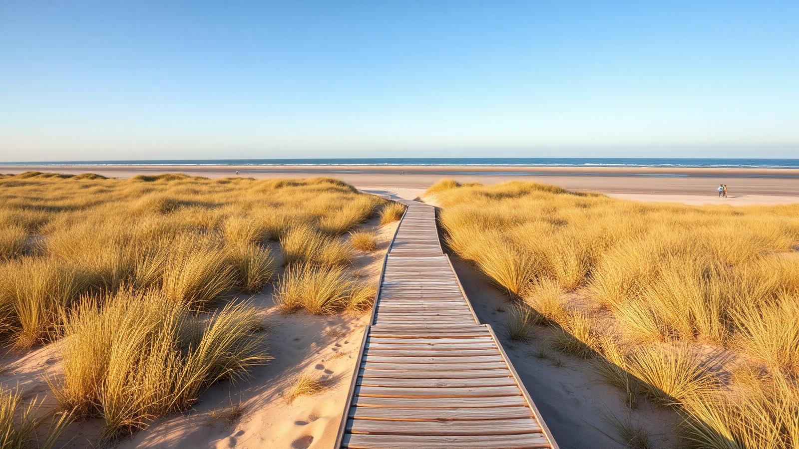 Houten vlonderpad door duinen met helmgras naar het brede Noordzeestrand bij Bredene.