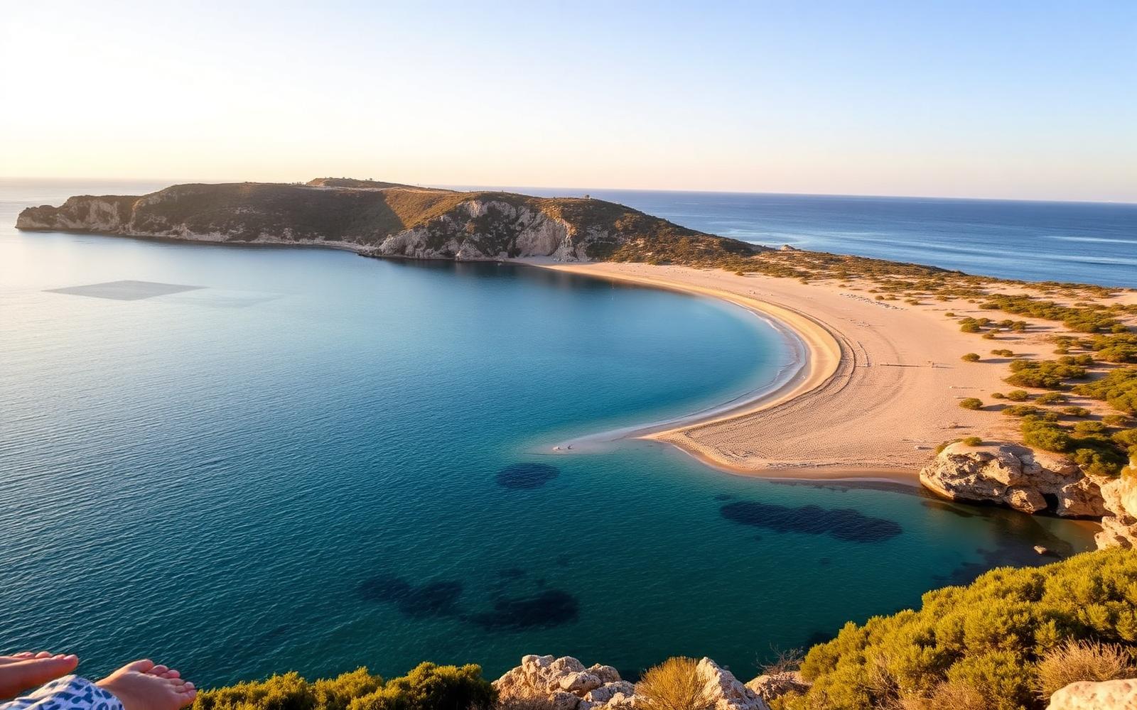 Lang zandstrand met kalm turkoois water aan de oostkust van Mallorca bij Cala Millor, met een groene landtong op de achtergrond.