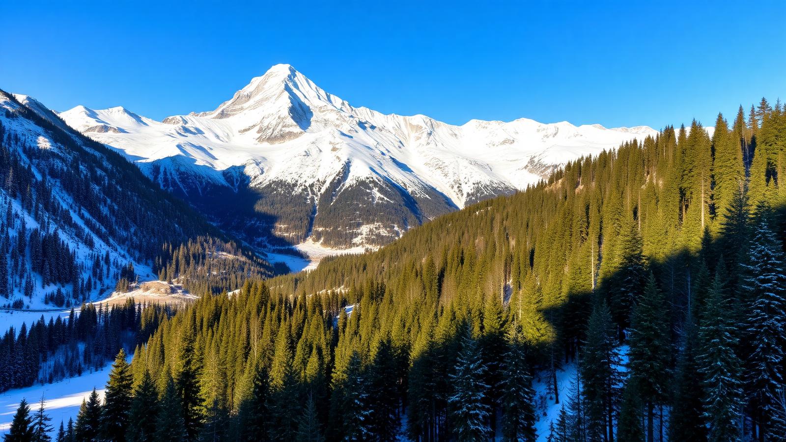 Winterlandschap in de Chamonix-vallei met besneeuwde Mont Blanc-massief bergen en dennenbos.