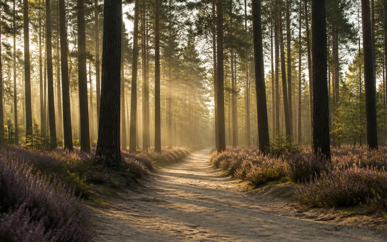 Zandpad door een hoog naaldbos met heide langs de randen op de Veluwe, met strijklicht tussen de stammen.