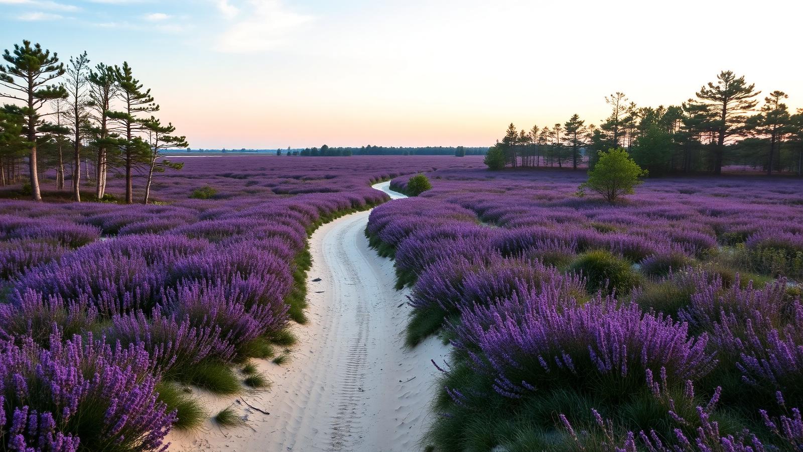 Bloeiende paarse heidevlakte met verspreide vliegdennen en een zandpad in Drenthe bij zonsopgang.