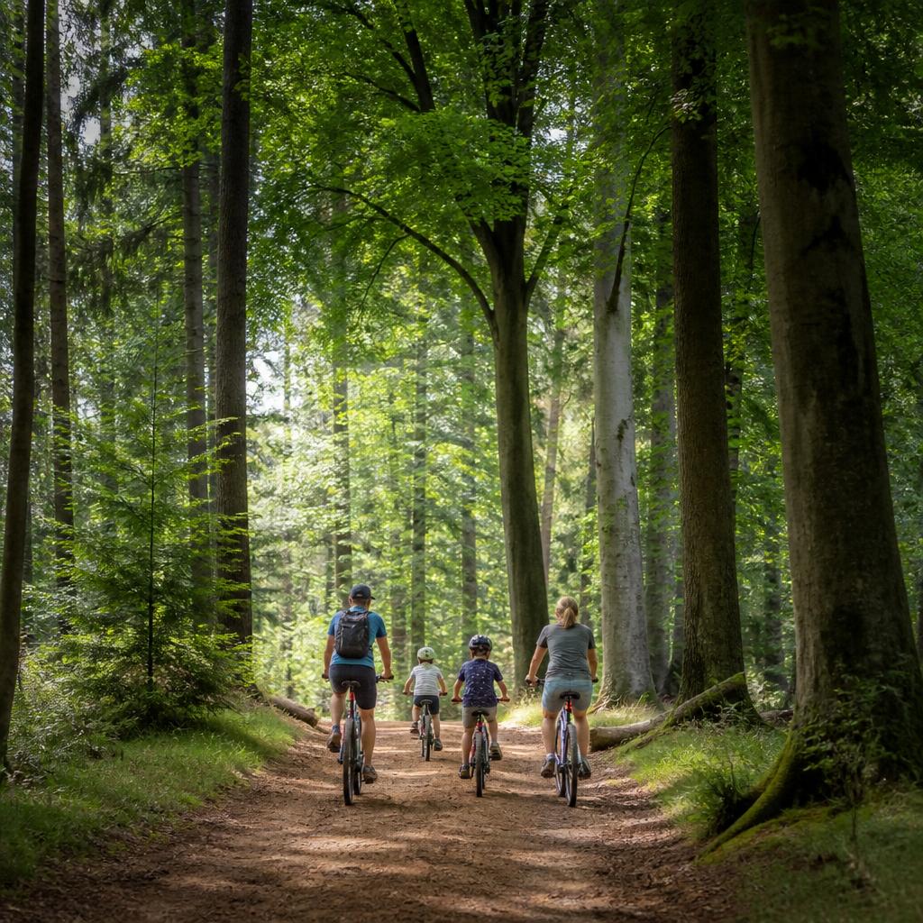 Gezin fietst door een bospad in Drenthe onder het bladerdak van hoge beuken en dennen.