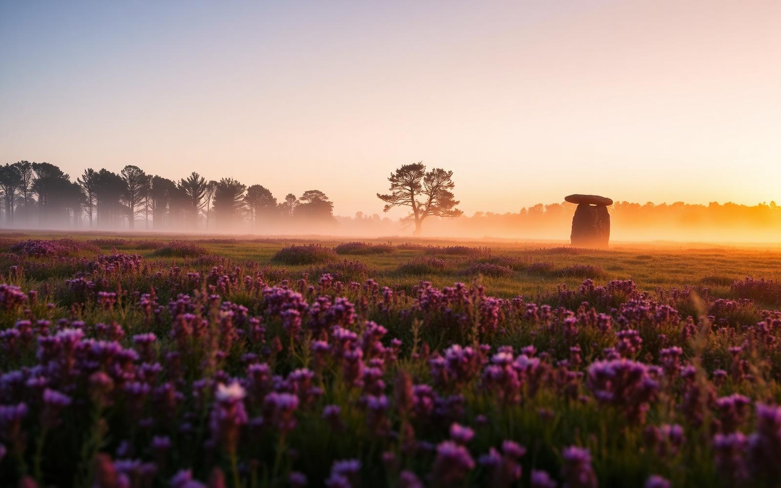 Drents heidelandschap met bloeiende paarse struikheide en een hunebed bij zonsopgang — sfeerbeeld van de omgeving van Hof van Saksen.