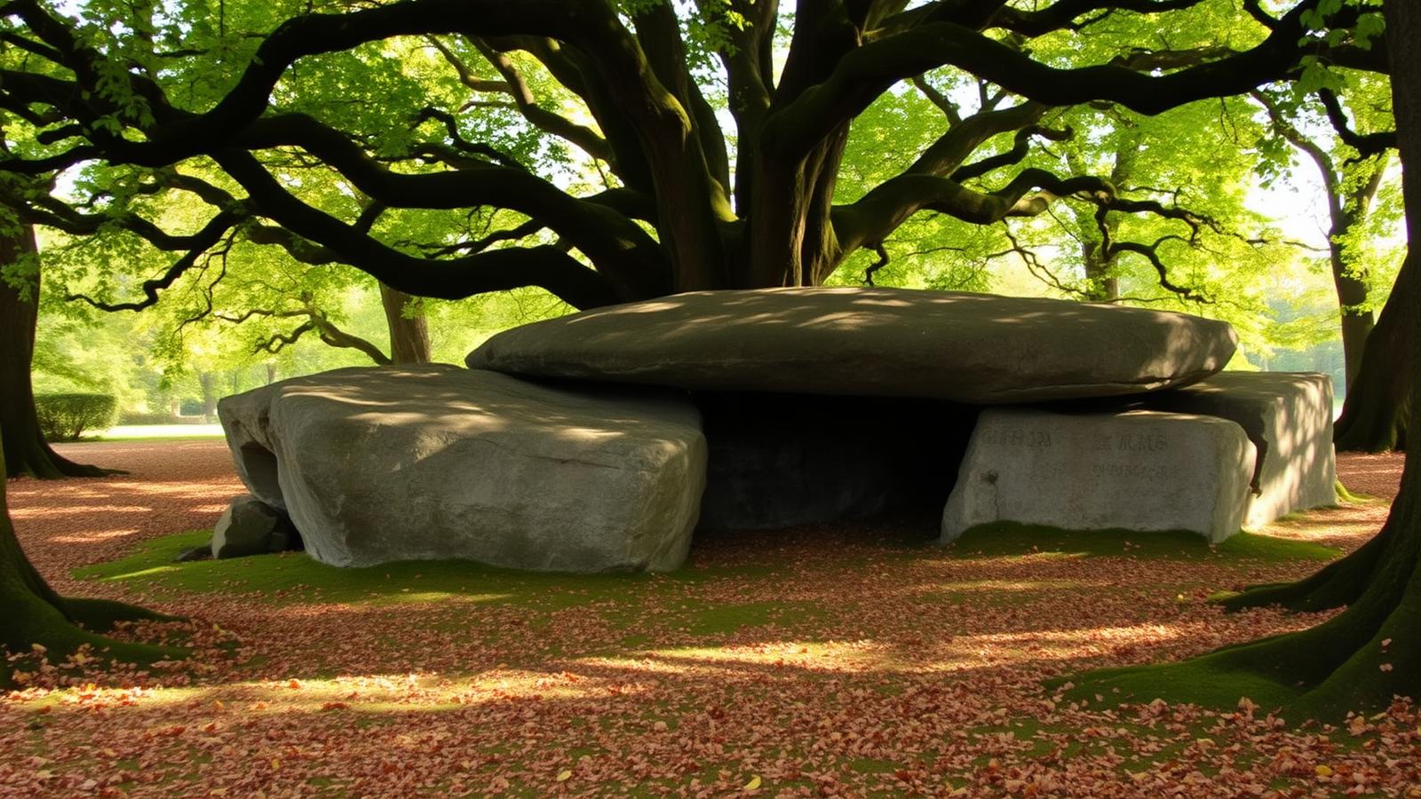 Prehistorisch hunebed van grote zwerfkeien onder oude eiken met gevlekt zonlicht in Drenthe.