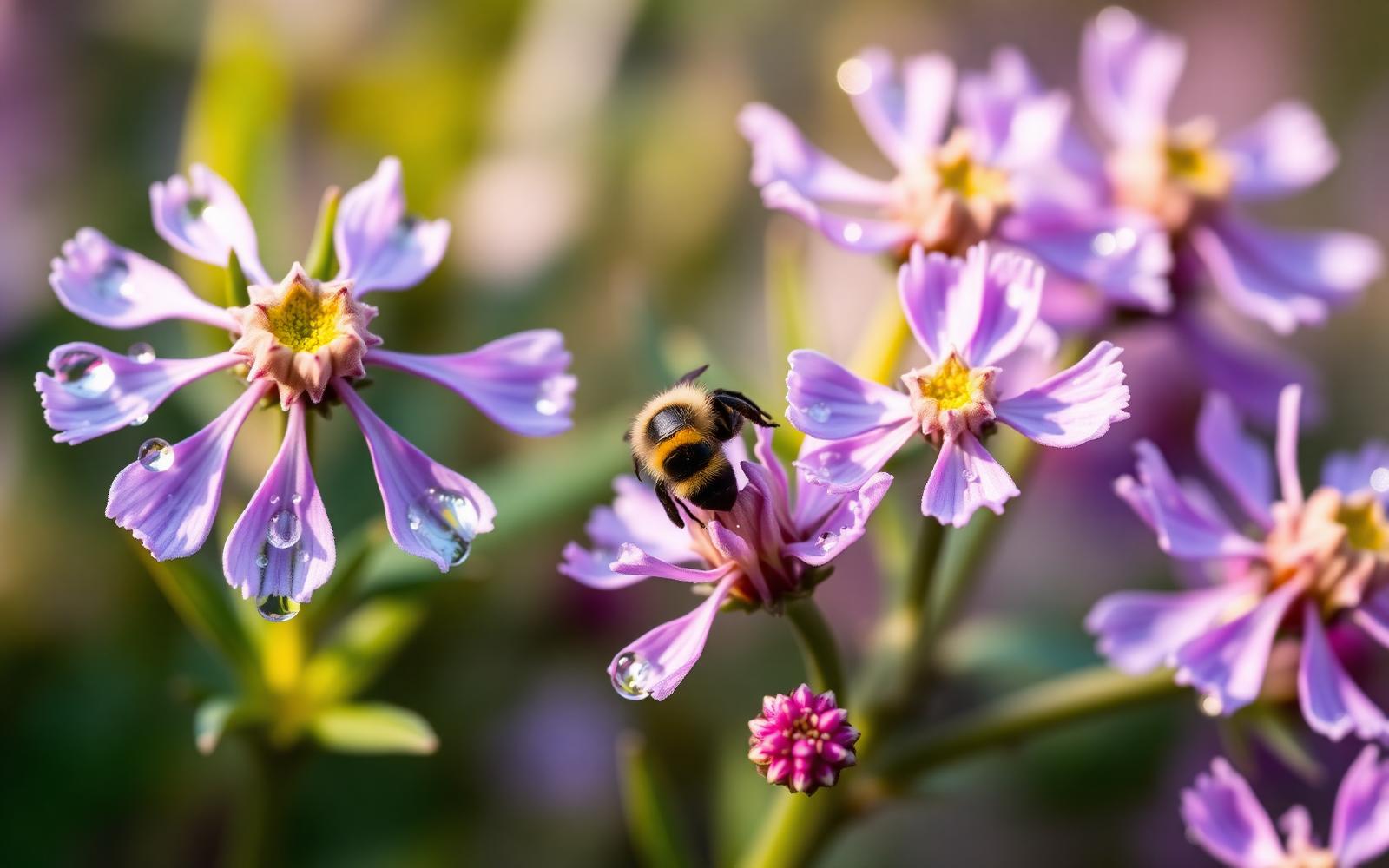 Macrofoto van bloeiende paarse struikheide met dauwdruppels en een hommel.