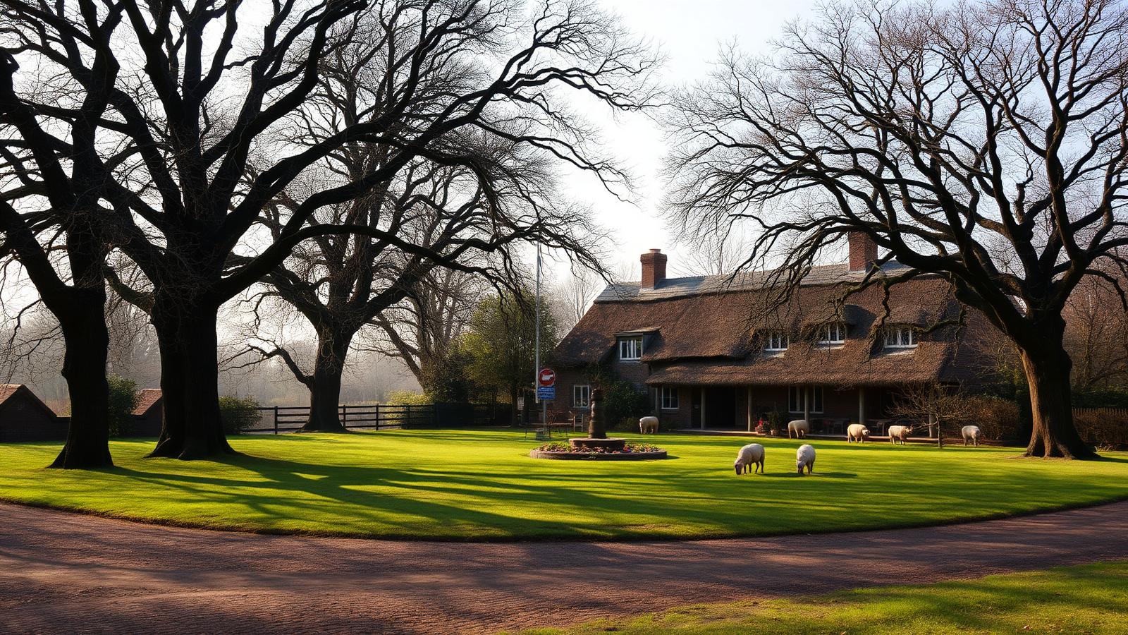 Drents esdorp met een brink omzoomd door oude eiken, een boerderij met rieten dak en grazende schapen.
