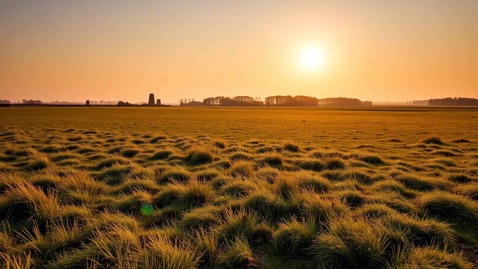 Weids Drents heideveld met graspollen en een boomrand in de laagstaande avondzon.