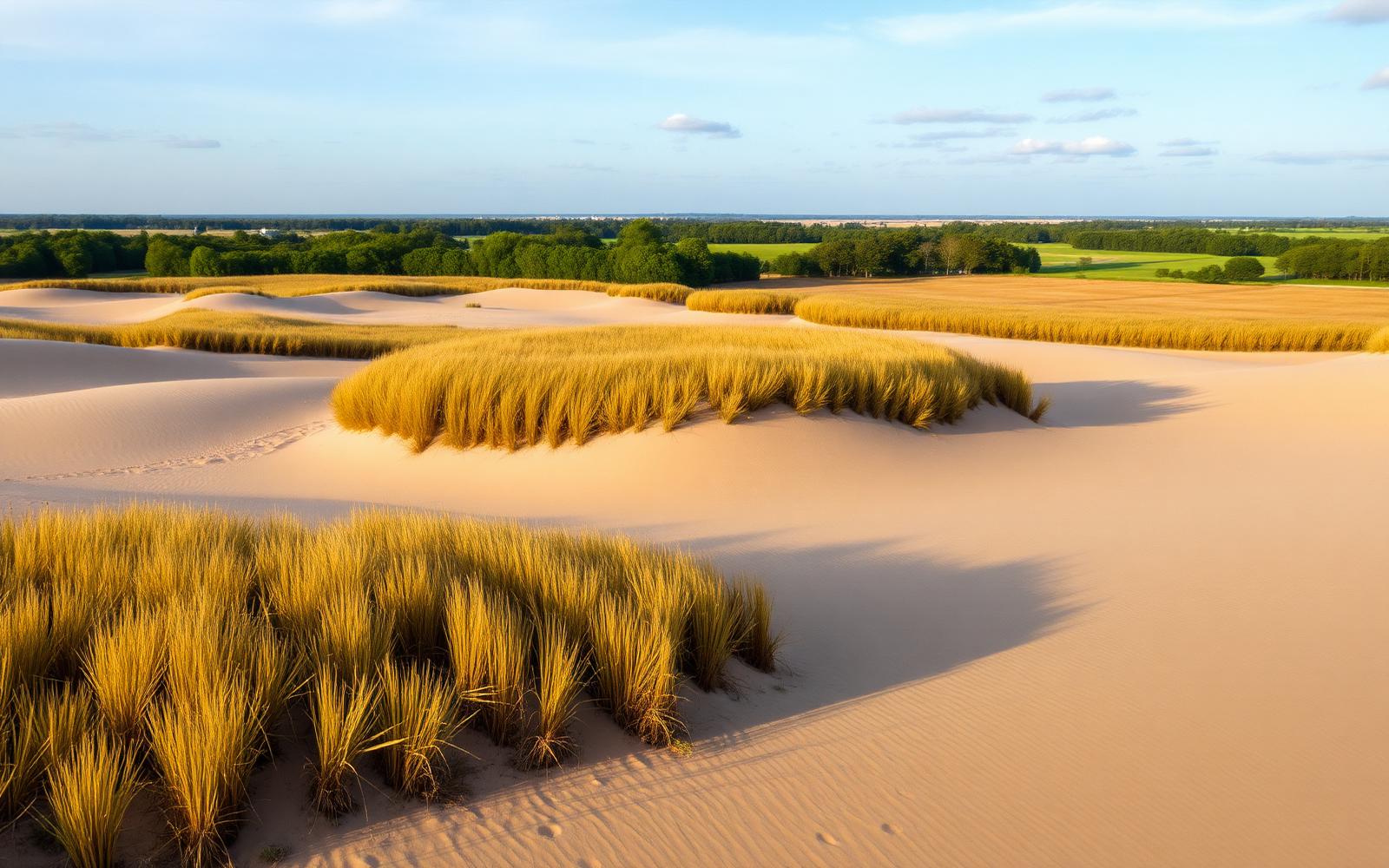 Zandverstuiving met vergraste duinen en pijnbos aan de horizon in het Drents-Friese Wold bij Appelscha.