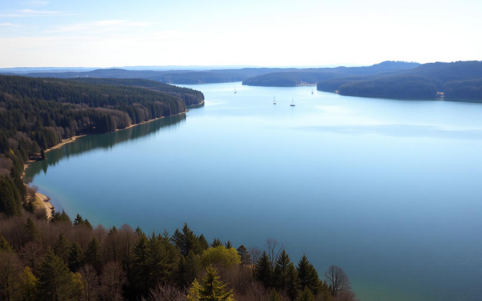 Uitzicht over de Lacs de l'Eau d'Heure in Wallonië met beboste oevers en enkele zeilboten.