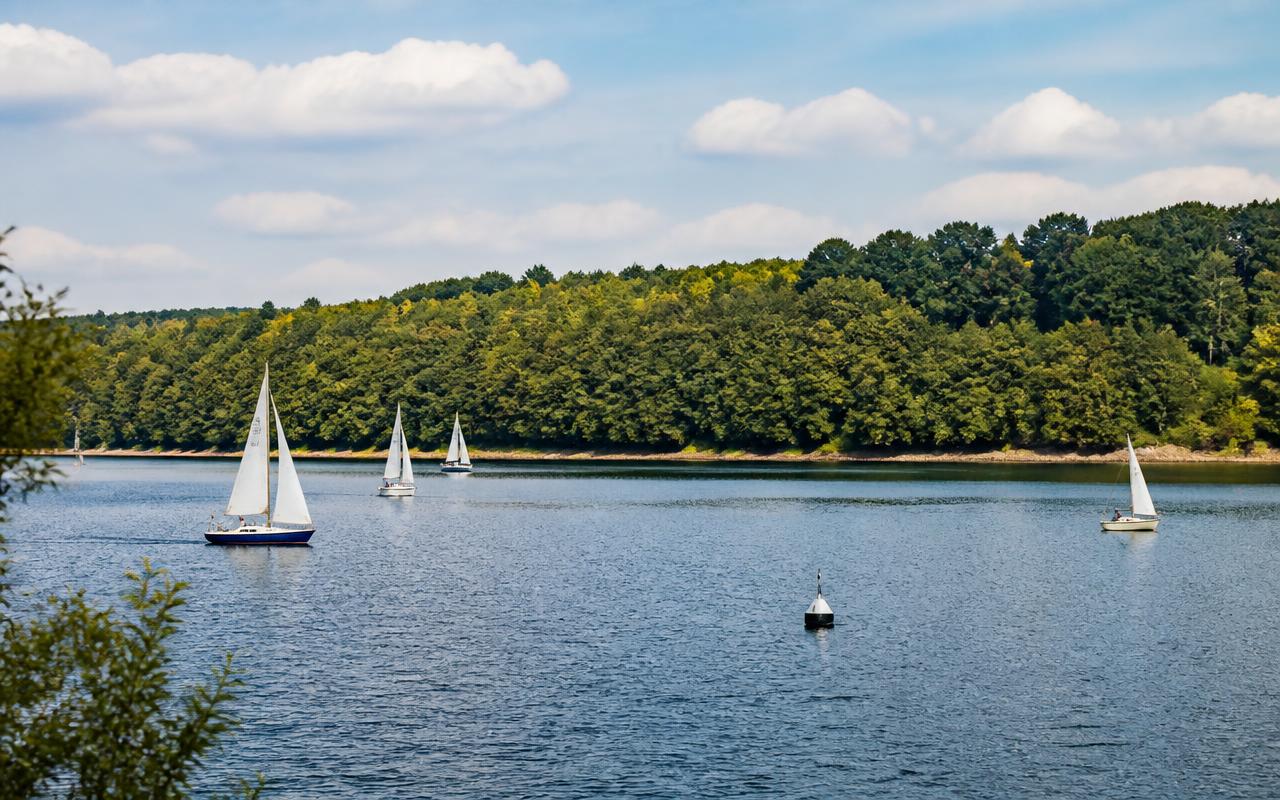 De stuwmeren van l'Eau d'Heure met beboste oevers en zeilboten op het water.