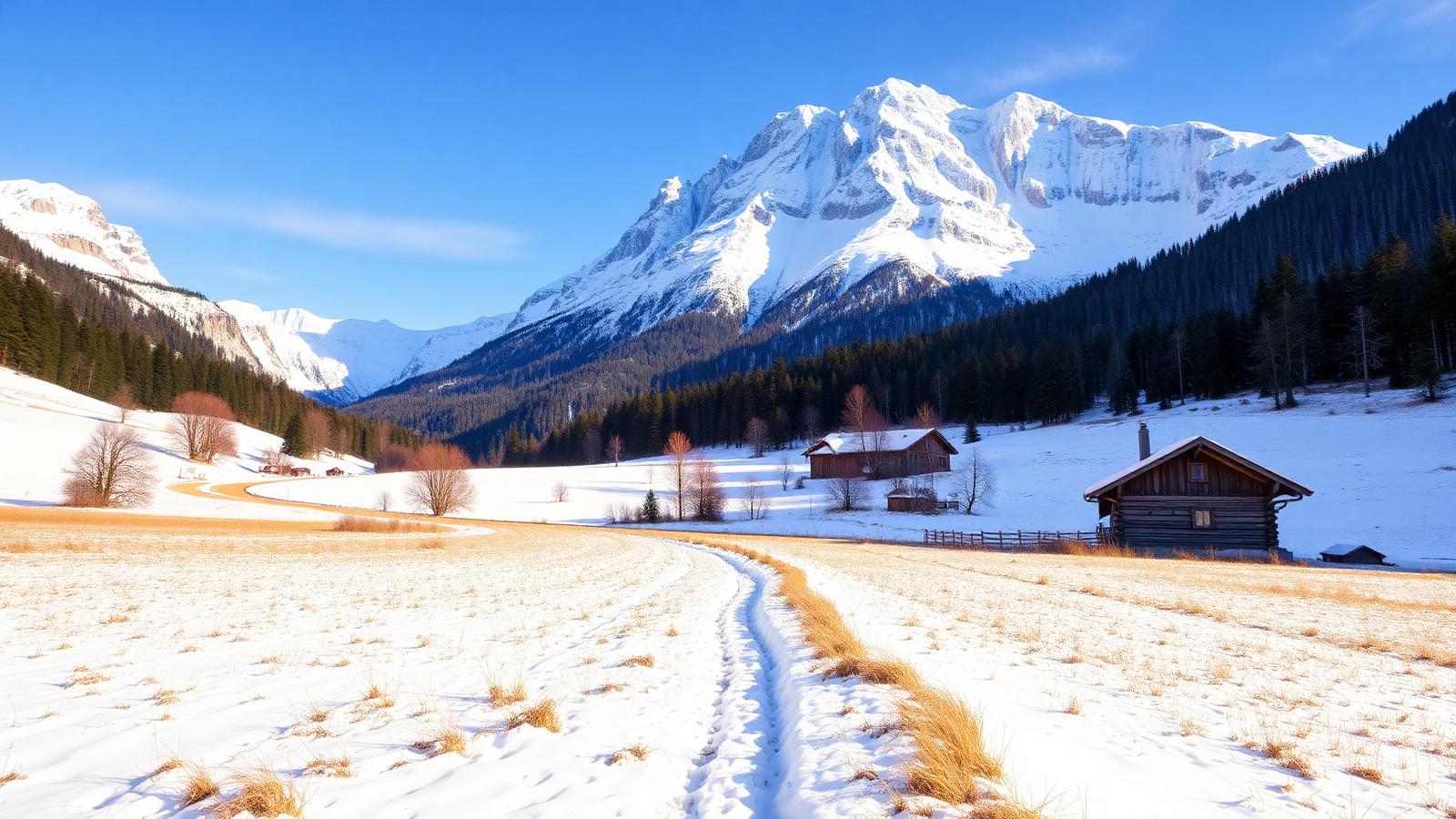 Winters berglandschap bij Ehrwald met de Zugspitze op de achtergrond en een besneeuwd dal.