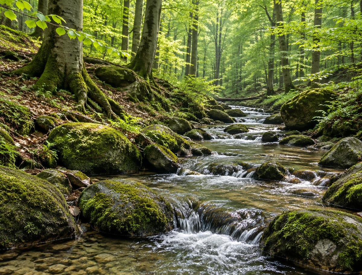 Helder bosbeekje in de Eifel dat over met mos begroeide stenen stroomt tussen beukenbomen.