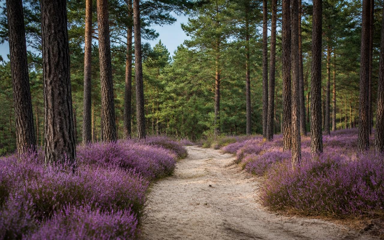 Zandpad door een Limburgs naaldbos met bloeiende purperen heide bij Hechtel-Eksel.