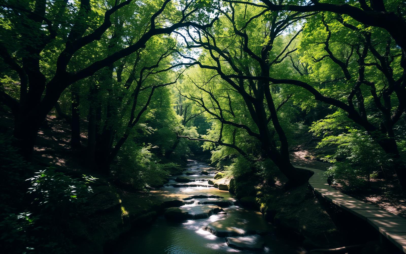 Schaduwrijk bosdal met plataanbomen, een heldere beek en kleine watervalletjes bij Epta Piges op Rhodos.
