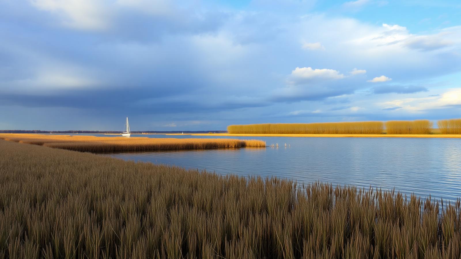 Weids Nederlands waterlandschap met rietkragen, een zeilboot op stil water en een hoge wolkenlucht in avondlicht.