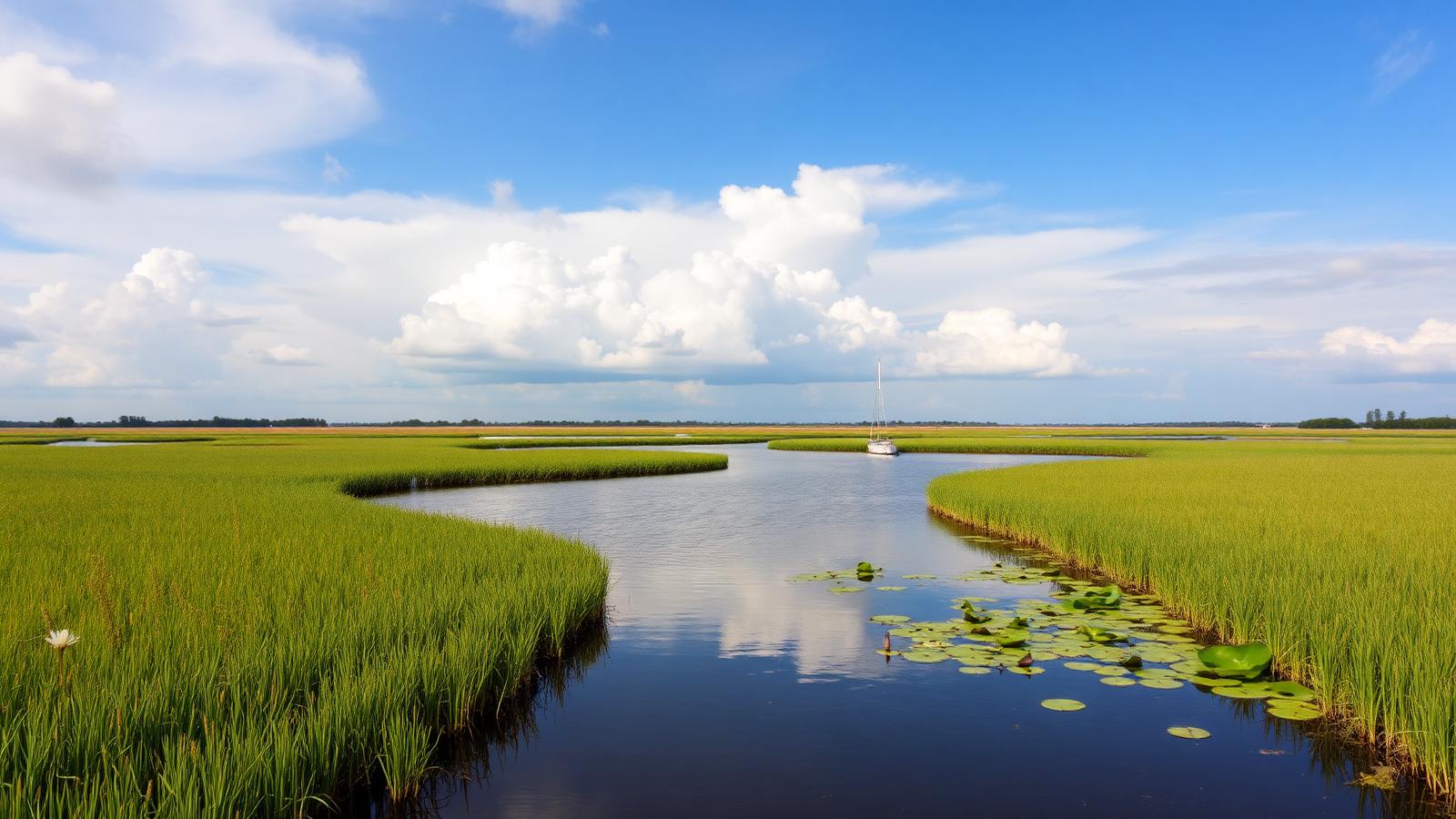 Breed Fries water met rietkragen, waterlelies en een zeilbootje onder een wolkenlucht.