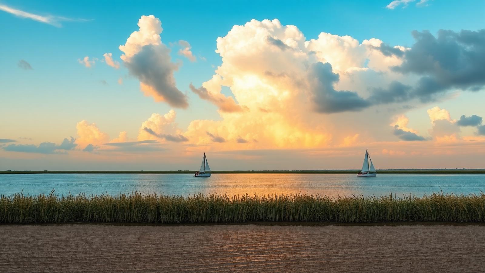 Weids Fries waterlandschap met rietkraag, twee zeilboten op stil water en een hoge wolkenlucht in avondlicht.
