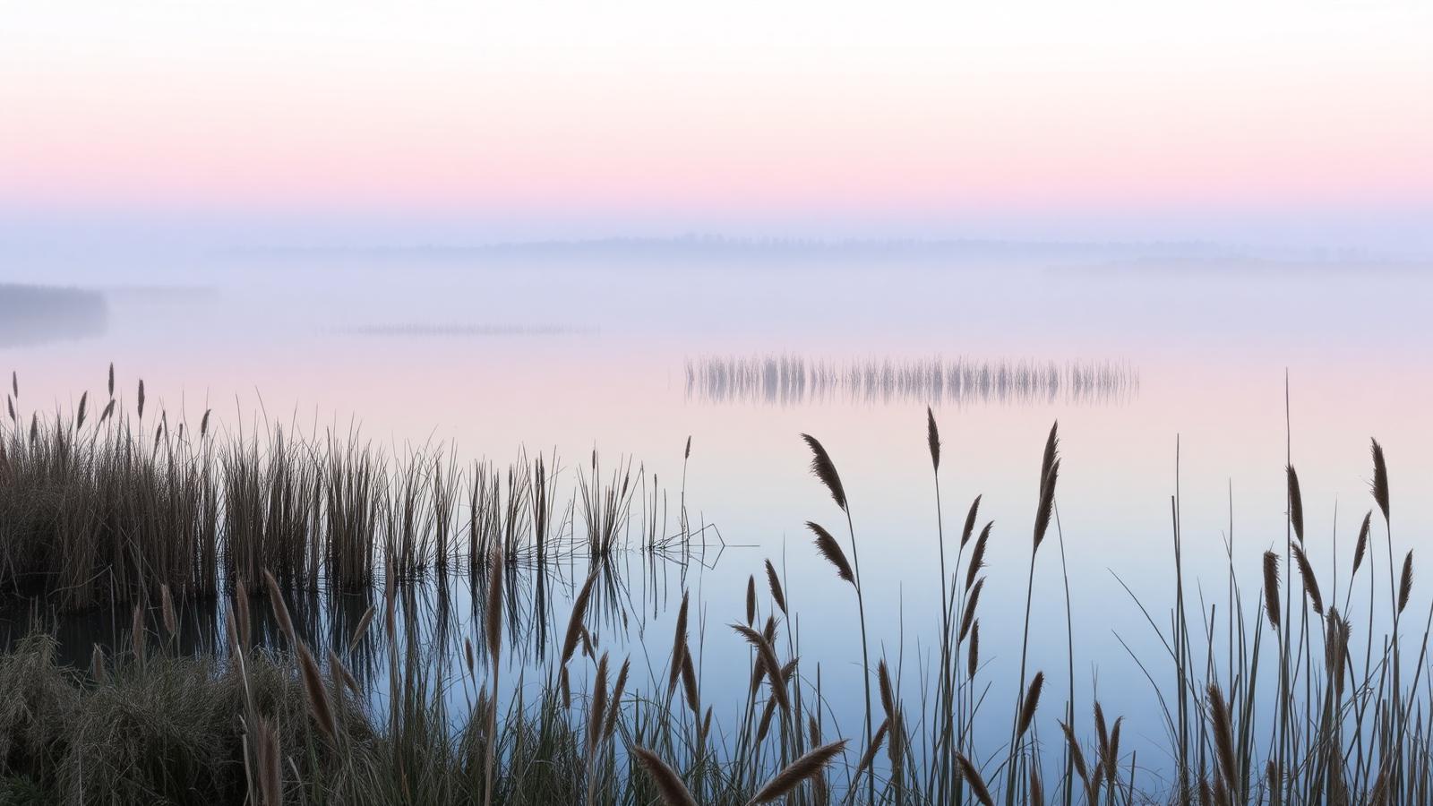 Stil Fries meer met rietkragen en ochtendmist over het water in pastelkleurig licht.