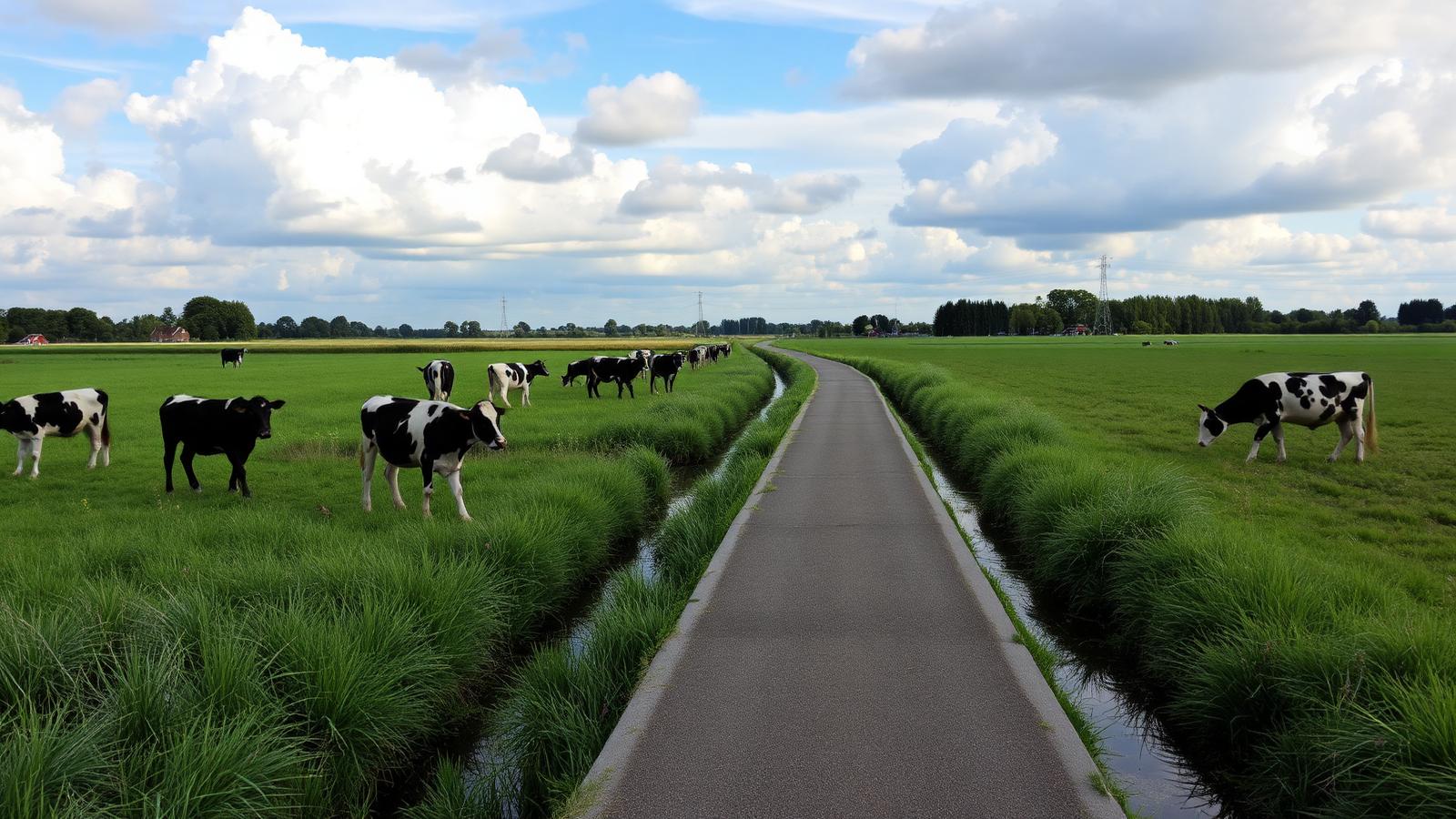 Fietspad langs een smalle poldersloot met zwart-witte koeien in het weiland onder een wolkenlucht.