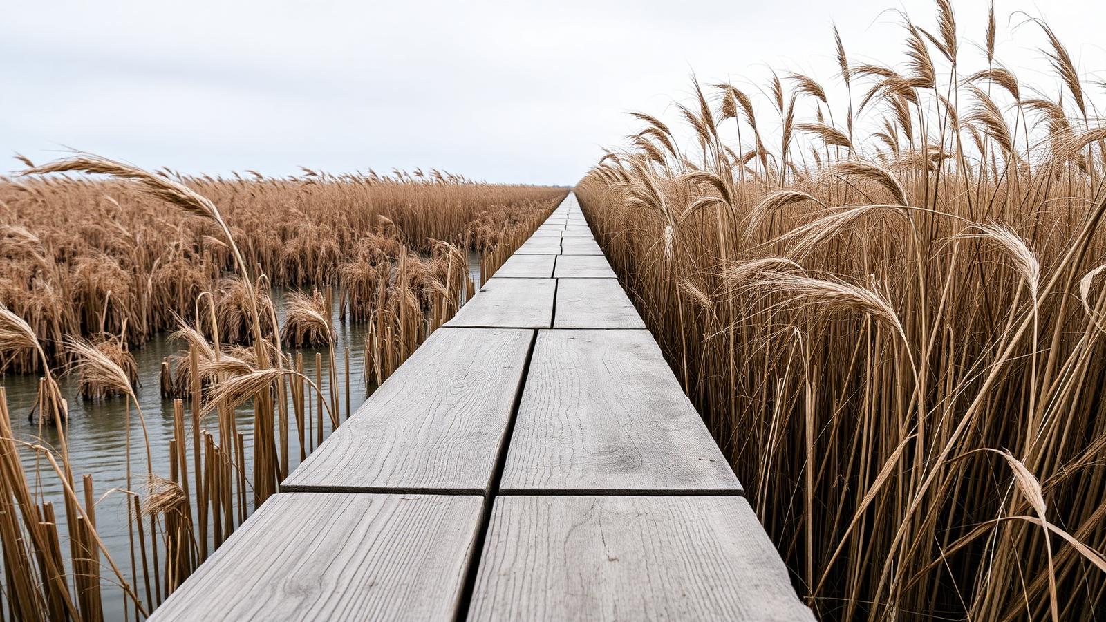 Houten vlonderpad tussen hoog wuivend riet langs grijsblauw water in Fries waterland.
