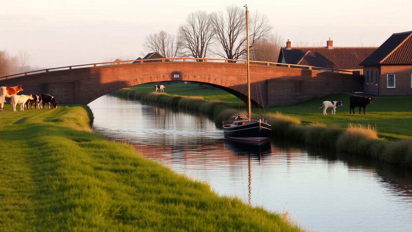 Friese vaart met een klein zeilbootje dat een ophaalbrug nadert, riet en weiland langs de oever.