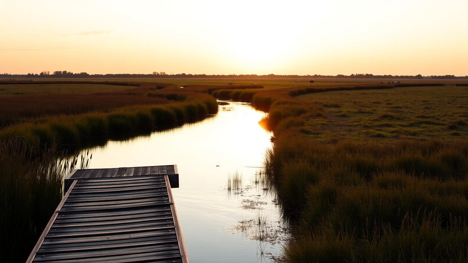Houten steiger aan een smalle Friese vaart met riet en veenweiden in avondlicht.