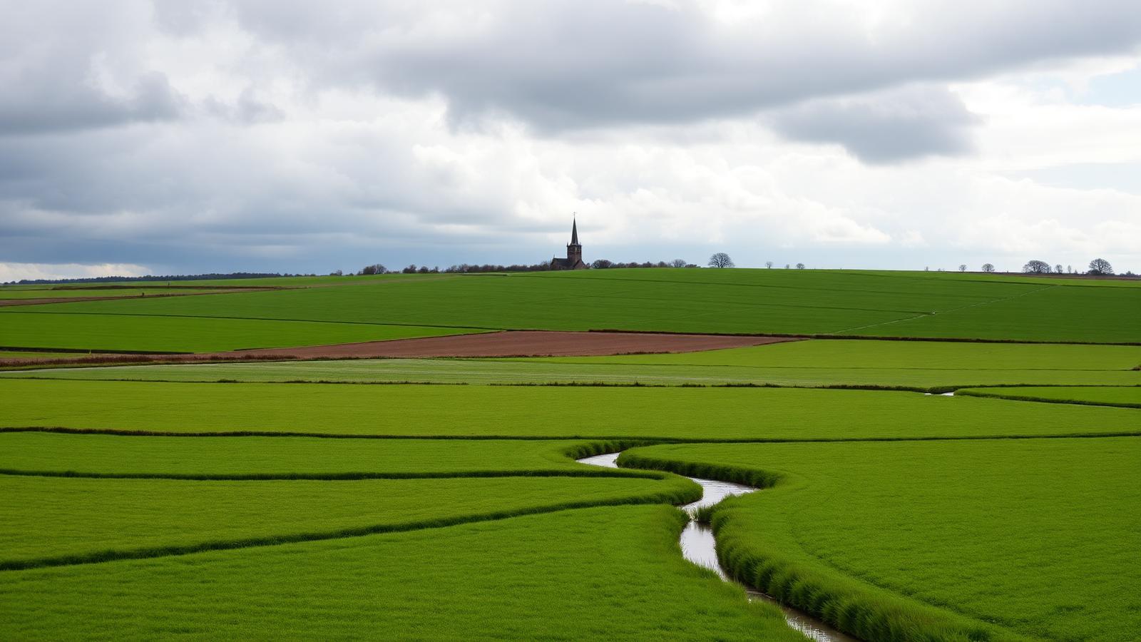 Wijd Fries weidelandschap bij Witmarsum met sloten, koeien en een dorpskerktoren aan de horizon.