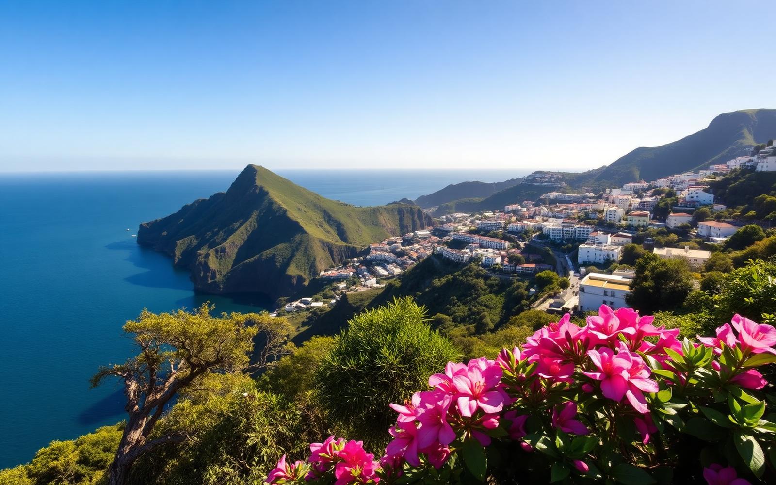 Steile kliffen met subtropische tuinen boven de Atlantische Oceaan bij Funchal op Madeira.
