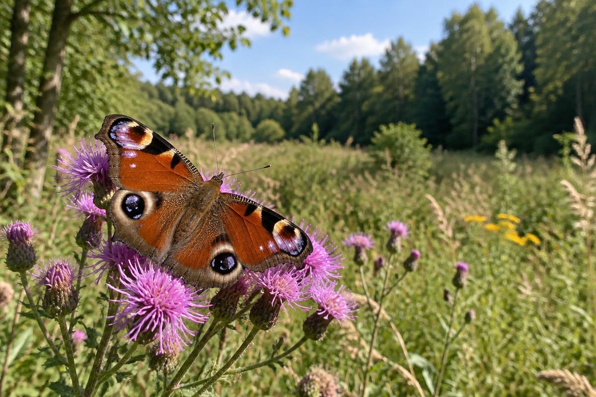 Dagpauwoog op paarse distelbloemen in een zonnige bloemrijke berm met een bosrand op de achtergrond.