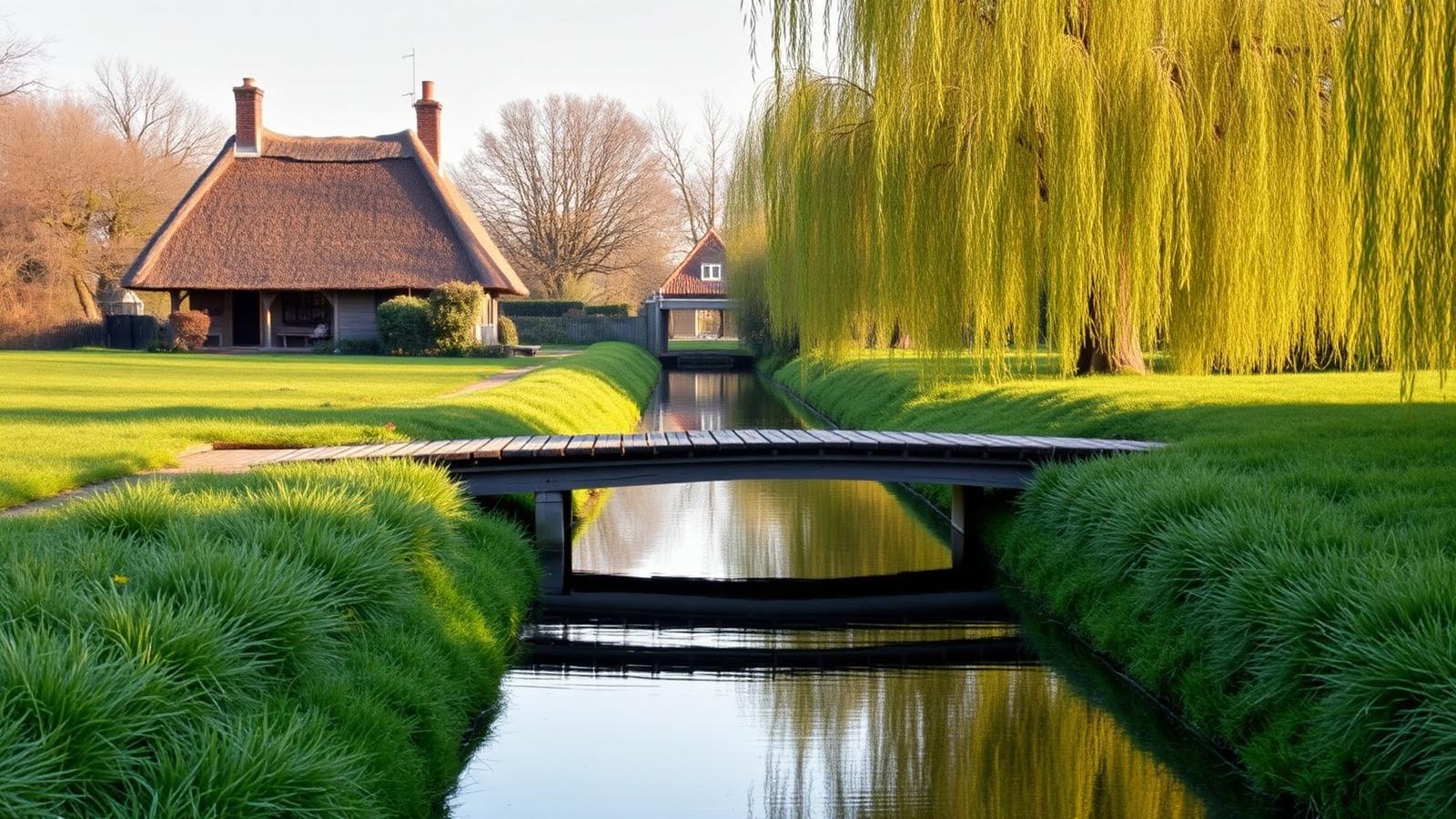 Smalle gracht tussen groene oevers met een houten boogbrugje en een rietgedekte woning in een Nederlands waterdorp.
