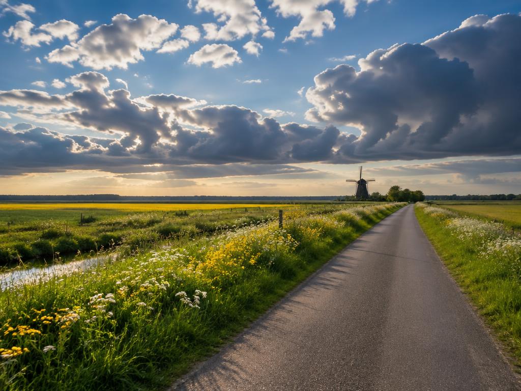 Landelijk weggetje tussen bloemrijke bermen met een molen aan de horizon onder een dramatische Hollandse wolkenlucht.