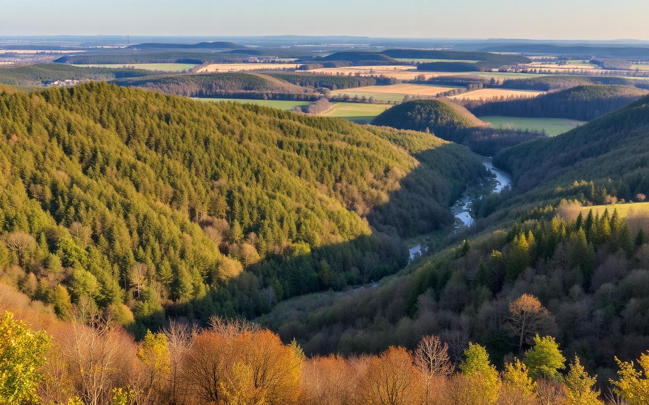 Vergezicht over bossen, weiden en een beekvallei in de provincie Luxemburg bij Grandvoir.