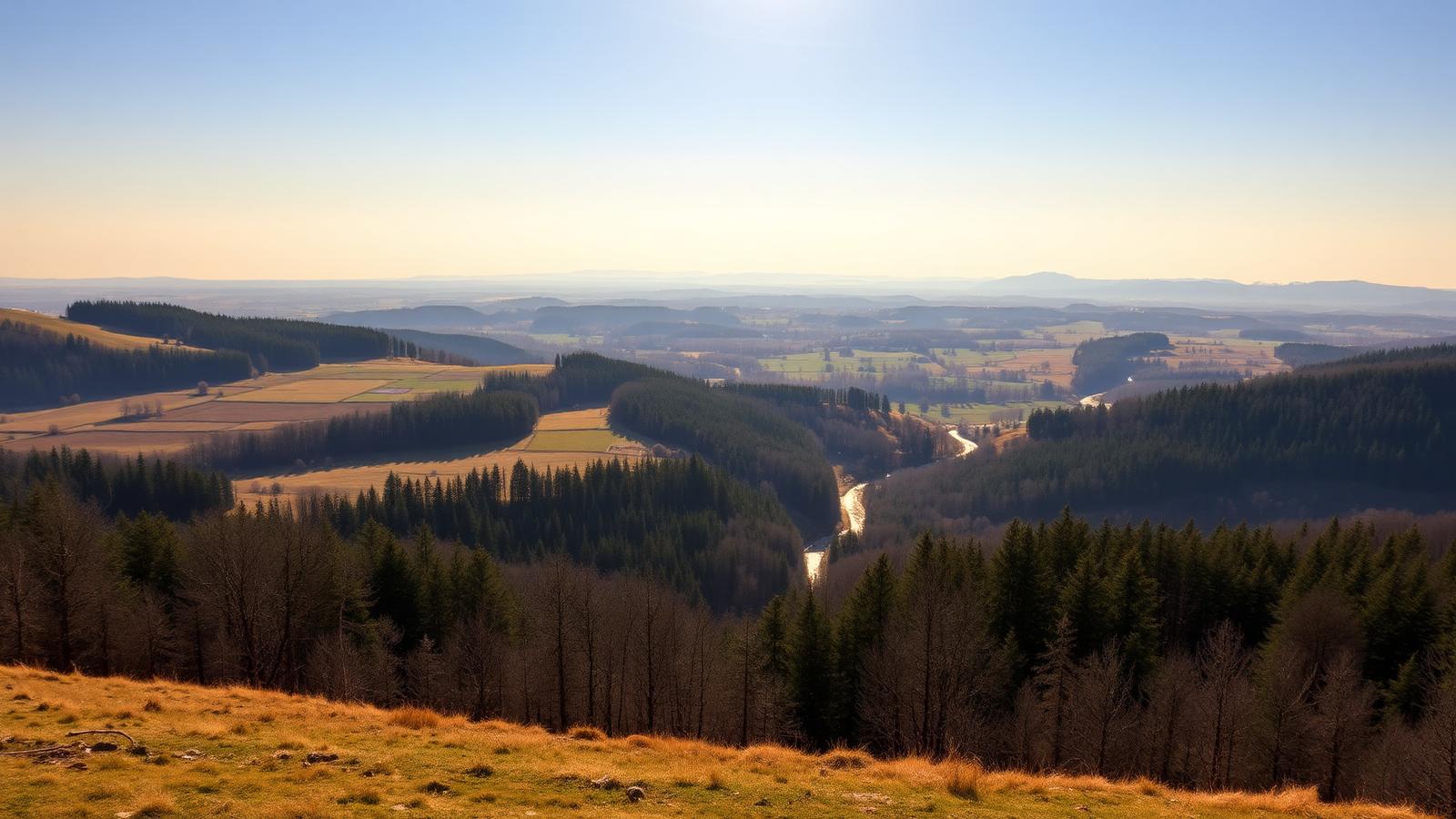 Vergezicht over bossen, weiden en een beekvallei in de provincie Luxemburg bij Grandvoir.