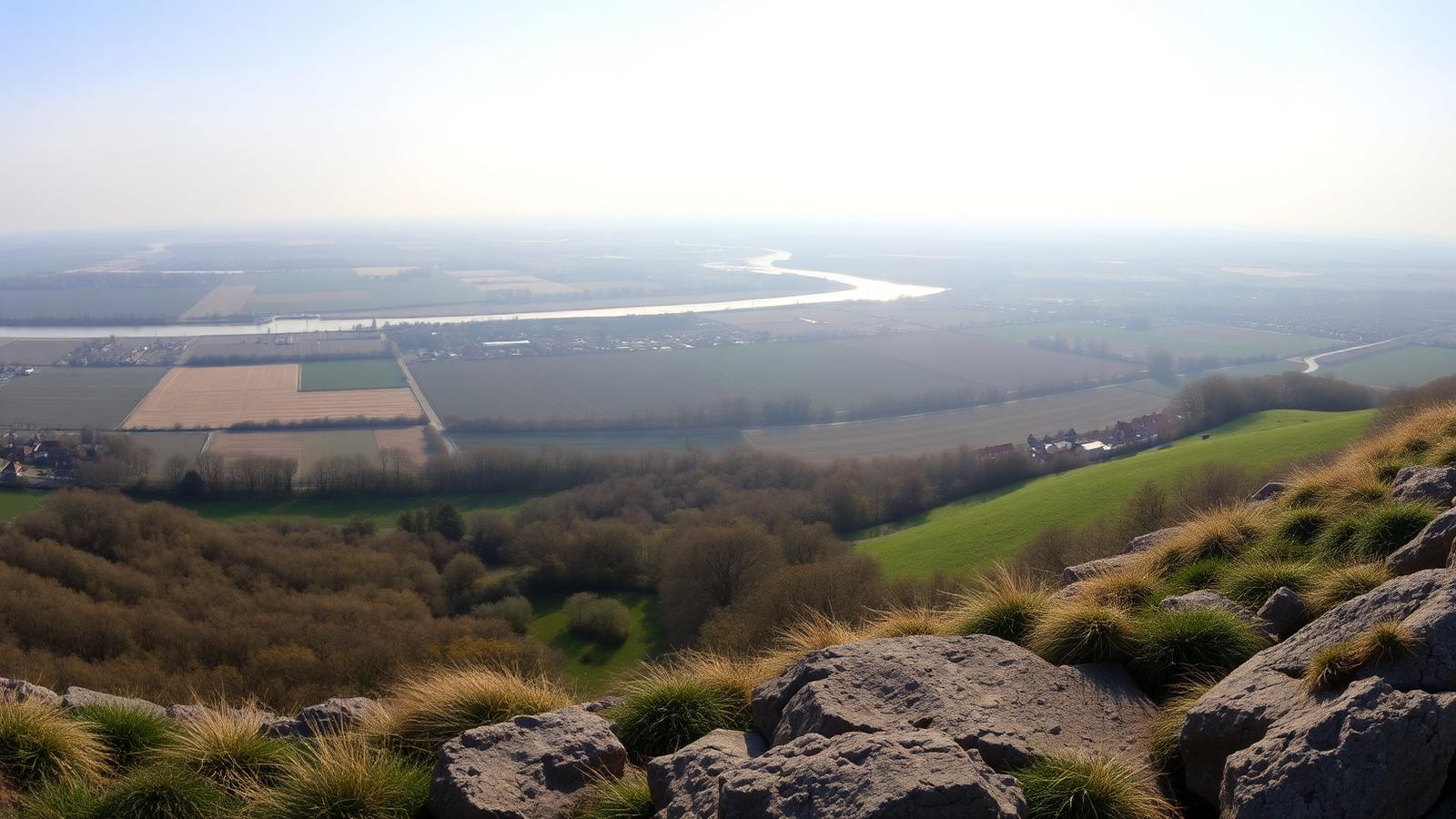 Weids uitzicht van een heuveltop over de rivier de Rijn en de uiterwaarden bij Rhenen.
