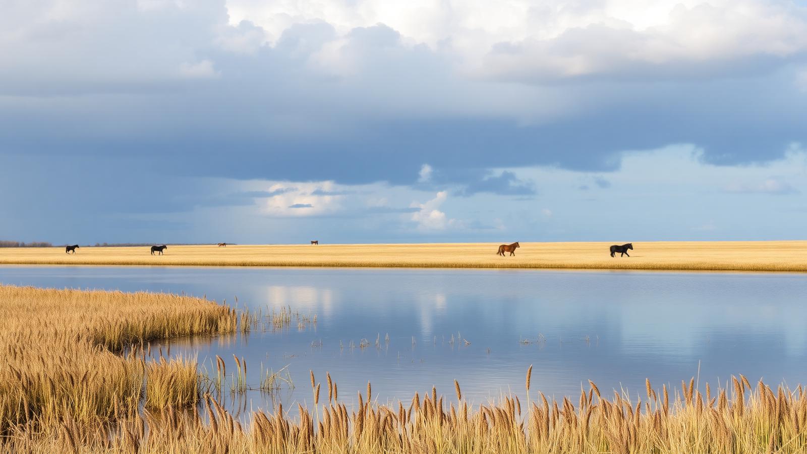 Rietkraag langs het water van het Lauwersmeer met open graslanden, grazende paarden en een weidse wolkenlucht.