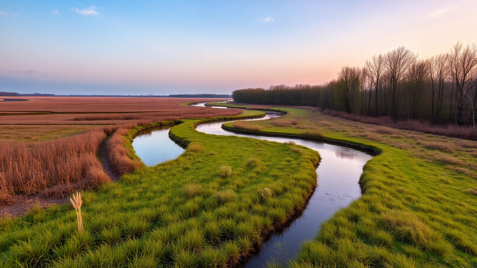 Meanderende beek door open hooilanden met riet en wilgen onder een wijde avondlucht in Westerwolde.